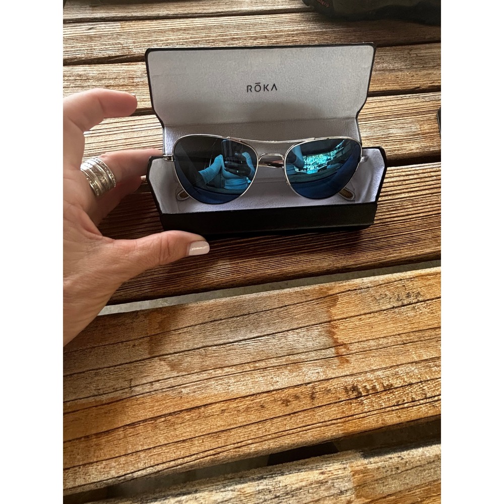 ROKA Aviator Sunglasses Silver Frame Blue Mirrored Lens Designer Eyewear